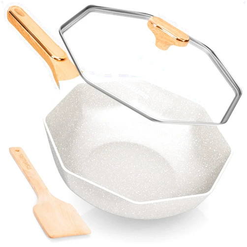 ITSMILLERS Ceramic Nonstick Octagonal Wok 12.5 inch Die-cast Induction Woks and Stir Fry Pans with Glass Lid PFOA Free (Cream White)