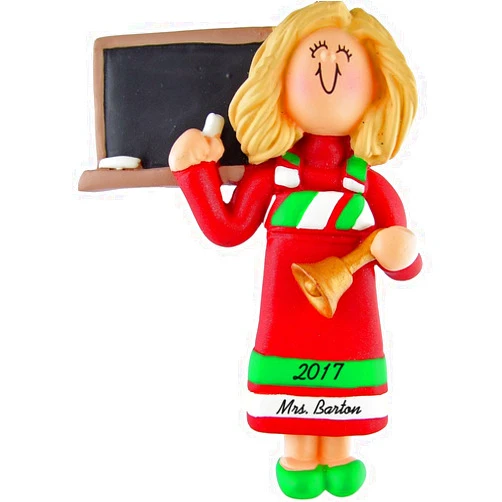 Calliope Designs Teacher Personalized Christmas Ornament - Female Blonde Hair and Red Dress - Handpainted Resin - 4