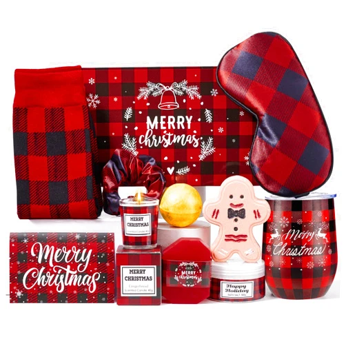 Larchio Christmas Gift Baskets for Women Coworker 2024, Secret Santa Gifts for Women Buffalo Plaid Tumbler Xmas Scented Candle Self Care Christmas Gifts for Mom Sister Girlfriends