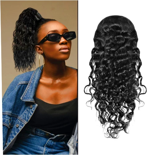 Greraes 100% Human Hair Curly Drawstring Ponytail extension Water Wave, 12 inch 1B Natural Black Color, Afro Ponytail Brazilian Kinky Real Hair Ponytail Extensions For Black Women