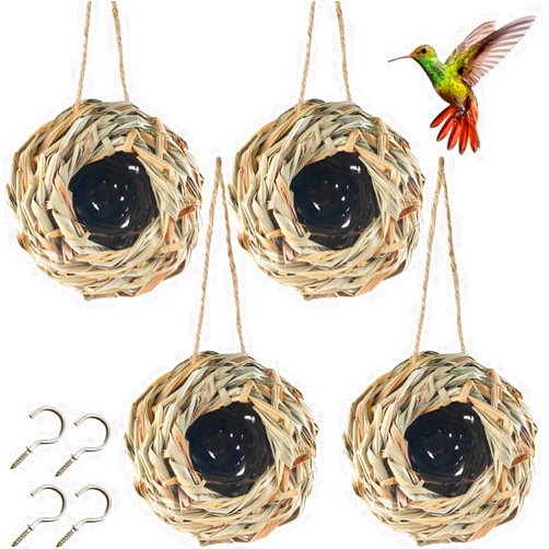 TIHOOD 4PCS 5.5inch Hanging Hummingbird Nest House for Outside, Ball Shape, Hand Woven, Durable Sturdy, Made of Natural Grass, Perfect for Garden Patio Lawn Office Indoor