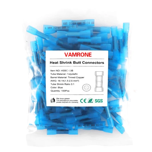 VAMRONE Heat Shrink Butt Wire Connectors, 100Pcs 16-14 AWG Blue Insulated Waterproof Electrical Wire Connectors Automotive Marine Grade Wire Crimp Terminals Butt Splices, Ideal for Boat, Truck, Stereo Blue