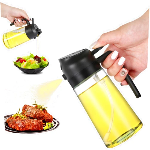 PRO IPLAS Oil Sprayer for Cooking, 2 in 1 Oil Dispenser and Oil sprayer, 16oz Oil Sprayer, Oil Spray and Pour Dispenser for Healthy Cooking,Air Fryer, BBQ, Salad, Baking, Steak (Black)