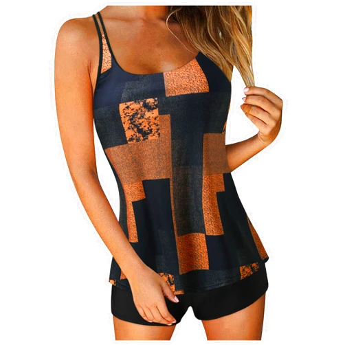 Generic Women Plus Size Vintage Print Strappy Back Tankini Set Two Piece Swimdress Panty Bathing Suit Beachwear Slimming