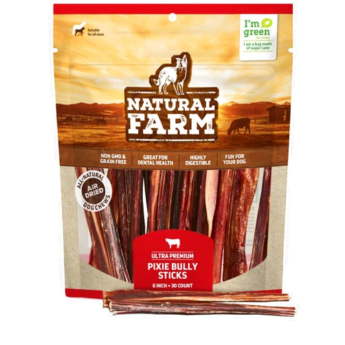 Natural Farm Bully Sticks (6 Inch, 30 Pack), Thin Pizzle Pixie Beef Treats, Grain-Free, High Protein, Best Rawhide Alternative for Small, Puppies or Senior Dogs