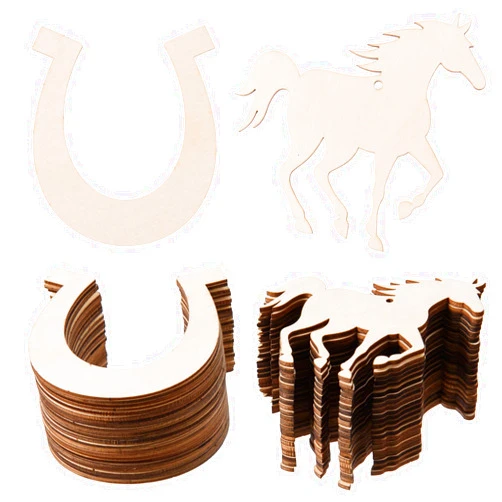 AWIZOM 48 Pcs Wood Horse & Horseshoe Cutouts Unfinished Wooden Horse & Horseshoe Ornaments Blank Wood Slices with 32.8 Ft Twine for DIY Cowboy Craft Tags Wedding Birthday Baby Shower Hanging Decor