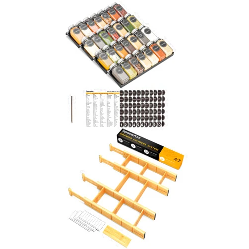 SpaceAid Spice Drawer Organizer with 28 Spice Jars, Bamboo Drawer Dividers with Inserts 4 Dividers with 9 Inserts (17-22 in)
