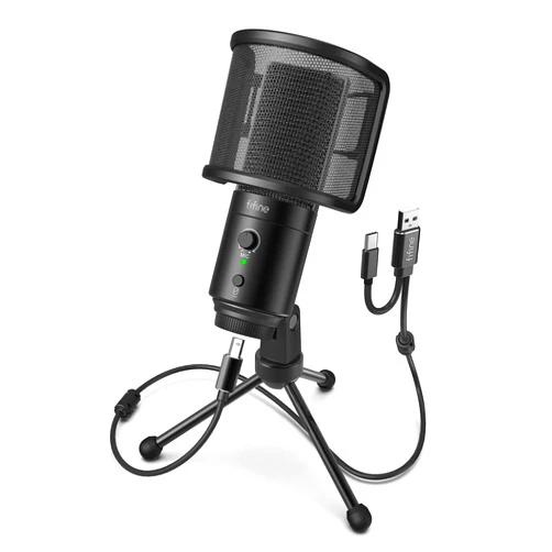 FIFINE USB Desktop PC Microphone with Pop Filter for Computer and Mac, Studio Condenser Mic with Gain Knob Mute Button Headphone Jack for Gaming Streaming Recording YouTube, Extra USB-C Plug-K683A