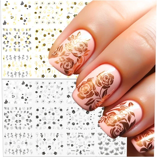 Winthrop 24 Sheets Flower Nail Art Stickers, Spring Summer Hot Stamping Gold Silver Camellia Lily Rose Butterfly 3D Self-Adhesive Nail Art Decals, DIY Manicure Decoration Supplies Accessories for Women Girls