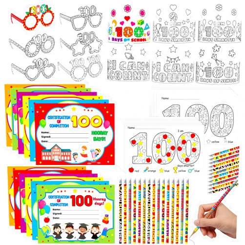 Qyeahkj 216Pcs 100th Day of School Teacher Favor Kit Include Coloring 36 Glasses Crowns, 36 Pencils, 36 Certification for Kids 100 Days of School Decoration for Teacher School Award Activities