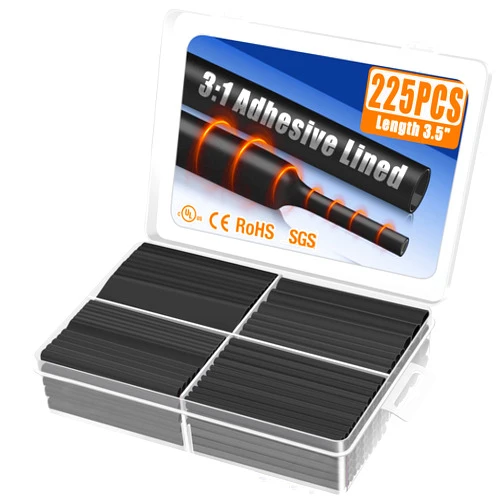 XHF UL 225 Pcs 3:1 Waterproof Heat Shrink Tubing Kit Marine Grade Adhesive Lined Heat Shrink Tube, Insulation Sealing Oil-Proof Wear-Resistant Black
