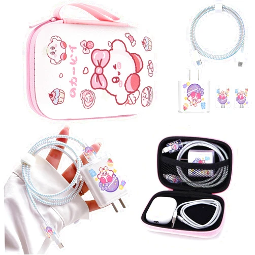 CameCosy DIY Phone Charger Cover Storage Sets USB Earphone Wire Saver Cable Organizer with Cartoon Cord Storage Bag, Soft Cute Cable Protector Cord Organizer Compatible for iPhone(Pink Ball)