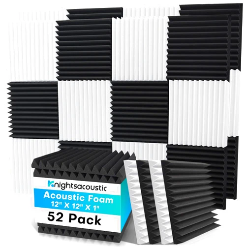 Knightsacoustic 52 Pack Acoustic Foam Panels, 1 X 12 X 12 Inches Sound Proof Foam Panels for Walls, High Density Acoustic Panels Sound Absorbing, Black White Noise Cancelling Studio Wedges