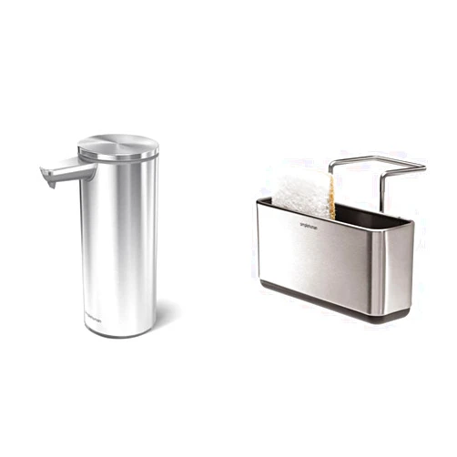 simplehuman 9 oz. Touch-Free Rechargeable Sensor Liquid Soap Pump Dispenser, Brushed Stainless Steel & Slim Sink Caddy, Brushed Stainless Steel