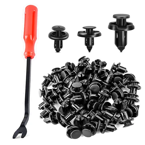 Icykale Pack-100 Car Body Bumper Push-fit Fasteners, 7 mm 8 mm 10 mm Durable Rust-Proof Rivet Clip with Disassembly Tool, Hood Fender Retainer Repair Kit, Compatible with Subaru Mazda Nissan (Black)