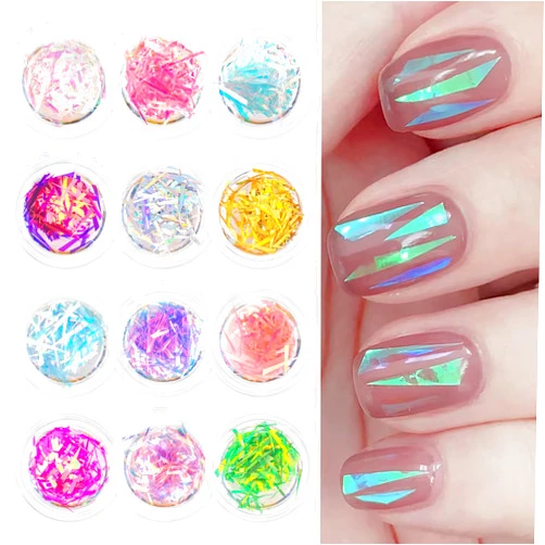 JERCLITY 12 Boxes Gradient Aurora Glass Paper Nail Sticker Foil Nail Art Holographic Colorful Glass Reflective Mirror Design Broken Glass Stripe Line Paper Nail Decals Cellophane Films Foils for Nails