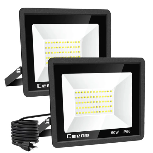 Ceena 2 Pack 60W Plug in LED Flood Light Outdoor, 6000lm Super Bright Floodlight with Switch and 5.9FT Wire, IP66 Waterproof 6000K LED Work Light for Garage, Yard, Patio, Front Door