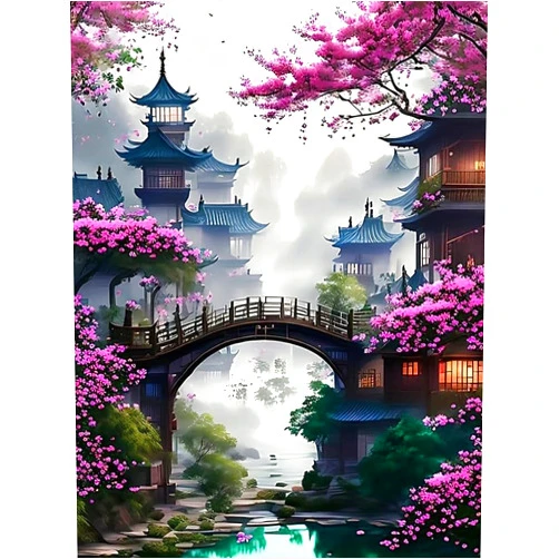 Semneroy Bridge Flower Diamond Painting Kits for Adult Beginners,Cherry Blossoms Building Diamond Art Kits,Full Drill Paint with Diamond Dot Gem Art Painting for Home Decor 12x16 inch
