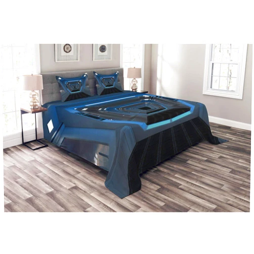 Lunarable Outer Space Bedspread, Cosmos Robots and Androids World Stardust Vision Comics Fictional Universe, Decorative Quilted 3 Piece Coverlet Set with 2 Pillow Shams, King Size, Blue White