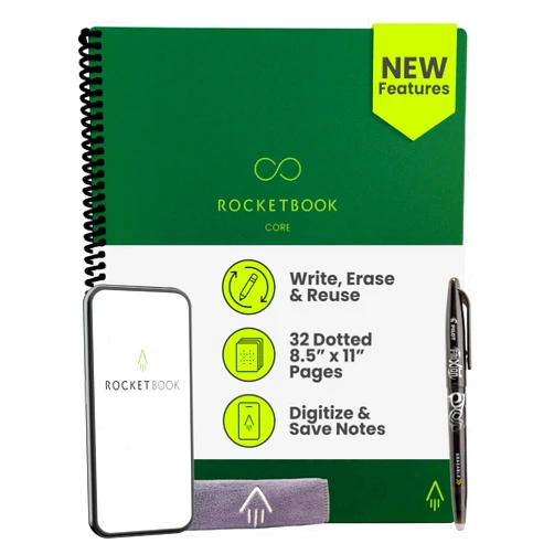 Rocketbook Core Reusable Smart Notebook, Dot Grid Pages For School, Work and Creative Projects, Letter Size 8.5x11, Green - Premium