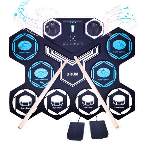 Gimigo Electronic Drum Set for Adults, Gimigo Electronic Drum Pad with Multicolor LED Digital Display Hand Roll-Up Drum Kit 9 Silicon Durm Pad Built-In Stereo Speaker Bluetooth, MIDI for Kids Beginners