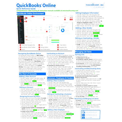 TeachUcomp Inc QuickBooks Online (Classic Interface) Quick Reference Training Guide - Laminated Cheat Sheet Tutorial Card of Step-by-Step Instructions