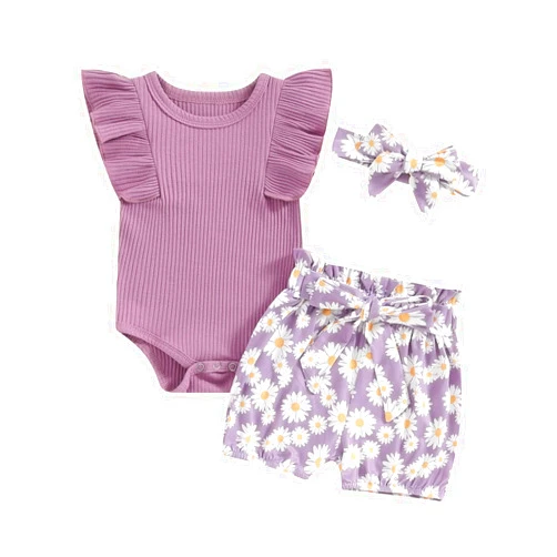 MA&BABY Newborn Infant Baby Girl Summer Clothes Rib Frill Short Sleeve Romper Elastic Waist Shorts Headband 3Pcs Outfits Set