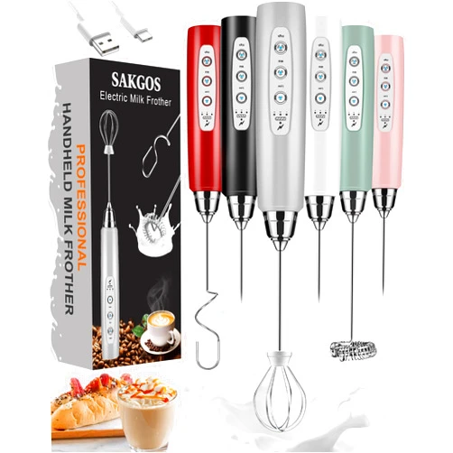 Sakgos Rechargeable Milk Frother Handheld - Electric Whisk 3 Speed Adjustable, Coffee Frother Wand with 3 Stainless Whisks, Electric Foam Maker, Drink Mixer Blender for Latte Cappuccino Matcha Egg