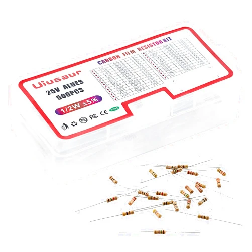 Uiusaur 500pcs 25 Value Carbon Film Resistors Assortment Kit 1 Ohm-1M Ohm with 5% 1/2W for Industrial Electrical and Arduino， TV, LCD Monitor, Radio, Stereo, Game, Refrigerator, Water Heater, etc.