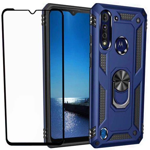 DuoLide for Motorola Moto G8 Power Lite Case with Tempered Glass Screen Protector,Hybrid Heavy Duty Dual Layer Anti-Scratch Shockproof Defender Kickstand Case Cover, Blue