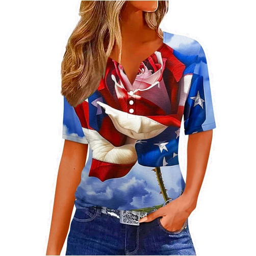 Generic Summer Tops for Women 2024,V Neck Short Sleeve T Shirts,Button Gradient Printed Casual Loose Tunic,Vacation Trendy Tees Summer Fridays mom Shirts for Women, 3X-Large, Blue#1