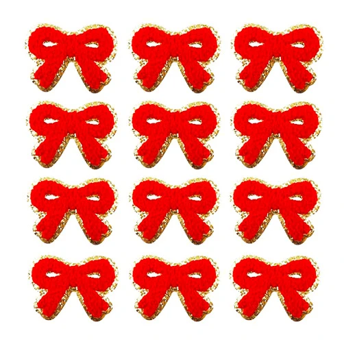 SaktopDeco 12 PCS Red Bow Patches Chenille Patches Iron On Gold Edges Embroidery Patche Cute Bow Applique for DIY Jeans Hats Bags Clothes
