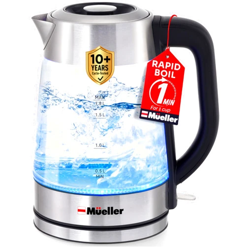 Mueller Rapid Boil Electric Tea Kettle 1.8L – Borosilicate Glass & Stainless Steel – BPA-Free Hot Water Boiler, LED Light, Auto Shut-Off, Boil Dry Protection Fast Water Heater – Kitchen Appliances