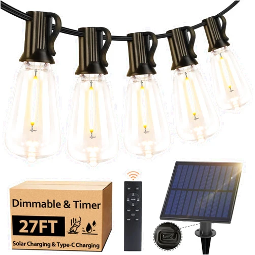 Bosceos Solar String Lights Outdoor with Remote, 27FT Solar Powered String Lights for Outside with 16 Shatterproof Bulbs, Dimmable ST38 LED Lights String, Patio Hanging Lights for Backyard Garden Party Decor