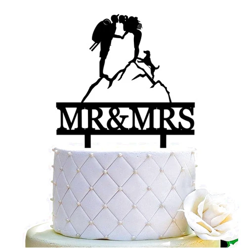 Yuezoloz Hiking Couple Wedding Cake Topper Mountain Wedding Cake Topper Backpacking Bride and Groom Cake Topper Camping Themes Wedding Cake Topper