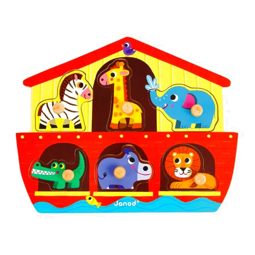 Janod 6 Piece Noah’s Ark Puzzle Themed Wooden Peg Colorful Jigsaw Puzzle - Encourages Shape Recognition, Dexterity, and Language Development - Preschool Kids and Toddlers 18 Months+