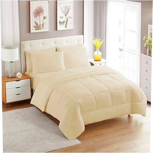 FlyCotton Beige Twin/Twin XLSize 5 Piece Box Stitched Comforter Set 100% Egyptian Cotton Duvet Insert with Corner Tabs 500 GSM Super Soft & Cozy Bedding Quilted (1 Comforter + 4 Pillowshams)