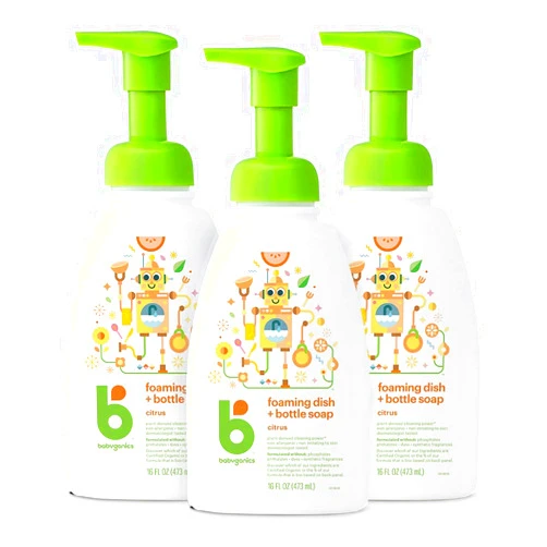 Babyganics Foaming Dish & Bottle Soap, Pump Bottle, Fragrance Free, Plant-Derived Cleaning Power, Removes Dried Milk, 16 Fl Oz, (Pack of 3), Packaging May Vary