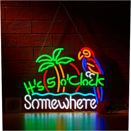 ZODZ Its 5 00 O'clock Some Where Parrot Neon Sign for Wall Décor Dimmable Palm Tree Sun LED Man Cave Bar Beer Garage Neon Light USB Powered Art Signs