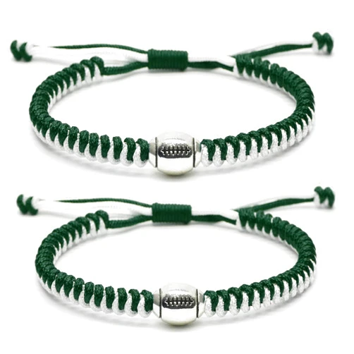 Handmade MANYC Football Bracelets For Boys Girls Mens Womens Adjustable Unisex Football Charm Bracelet Weaved Bracelet String Football Charm Football Gifts (Greenwhite 2PCS)
