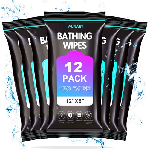 FURWEY Body Wipes 120Wipes (10 Wipes, 12 Packs) 12x8 inch Shower Wipes Body Wipes for Adult Care,Traveling,Hiking,Camping,Gym Bath Wipes Disposable Cloth Wet Cleansing No Rinse Bathing Washcloths