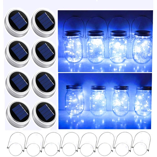 StarryMine Solar Mason Jar Lid String Lights, 8 Pack 20 Led String Fairy Star Firefly Jar Lids Lights with 8 Hangers Included (Jars Not Included), for Mason Jar Patio Garden Wedding Lantern