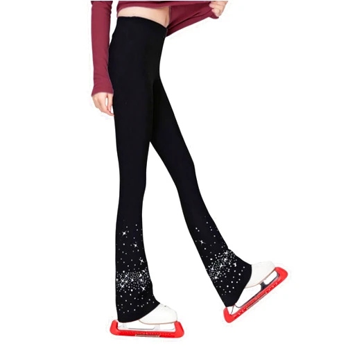 LIUHUO Girls Ice Skating Pants Women Black Rhinestones Training Practice Leggings Fleece Inside