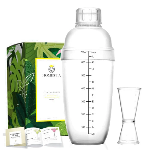 Homestia Plastic Cocktail Shaker Set with Black Scales, 24 oz Drink Mixer Bartender Kit, Boba Tea Shaker Cup Bartender Accessories with Jigger 2 oz 1 oz