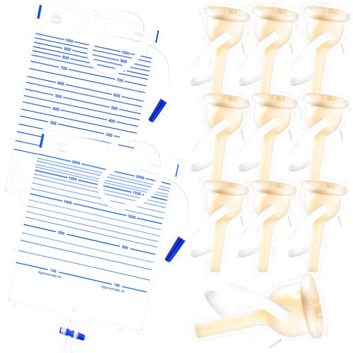 YOOGUSTO 10Pcs Latex Catheter Set with 2 Urinary Drainage Bag (2000ml + 1000ml) Day and Night Use, External Self Sealing Adhesive Strip Leak-Proof for Male (25mm)