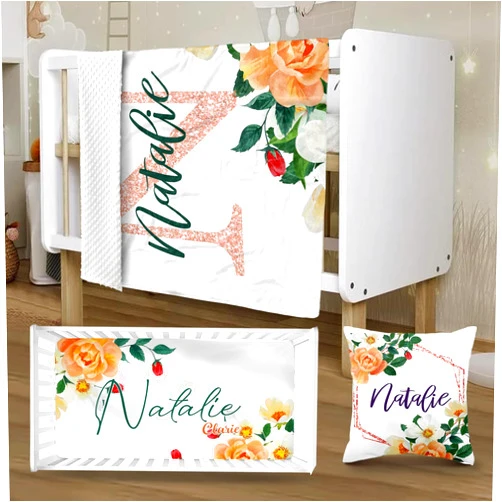 YISMEET Personalized Crib Bedding Set, Toddler Set with Name, 3 Pcs Flower Baby Crib Set for Infant Babys, Comfort Double Layer Blanket, Crib Sheet, Pillowcase