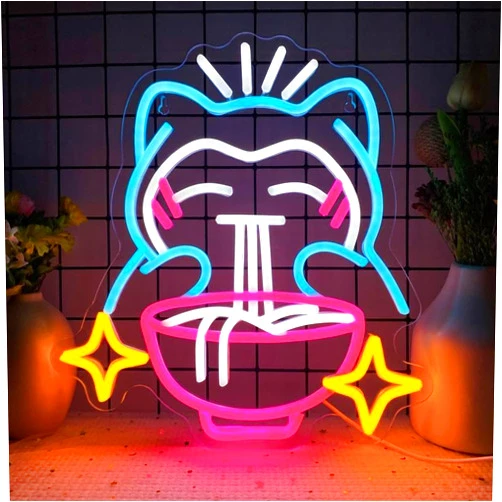 TONGQIC Neon Sign Blue Cute Bear Ramen Noodles Led Neon Light For Room Wall Decor, Dimmable Ramen Neon Light Sign For Resturant Home Bar Kitchen Dinning Gamer Room Cafe Japanese Noodle Shop Decor（13.5