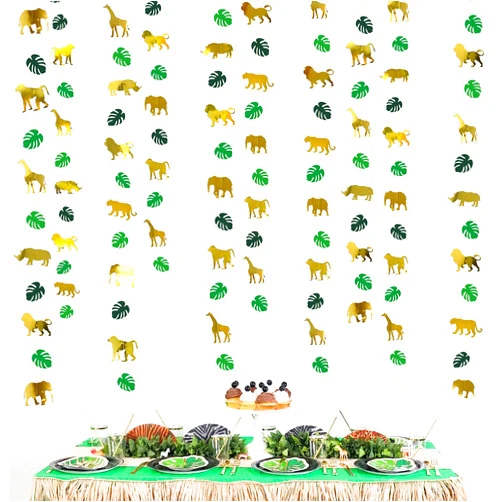 Pinkblume 52Ft Gold Animal Green Palm Leaf Garland Banner Bunting Streamers Backdrop for Jungle Safari Animal Party Decorations Zoo Themed Wild One Forest 1st Birthday Boys Baby Shower Party Supplies