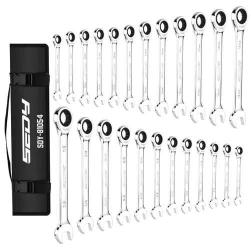 SEDY Ratchet Wrench Set Metric Standard: 24-Piece Combination Ratcheting Wrenches Set, Sturdy Chrome Vanadium Steel Construction, Metric & SAE, 8-19mm 1/4-7/8, 72-Tooth Precision Mechanic Tool Kit
