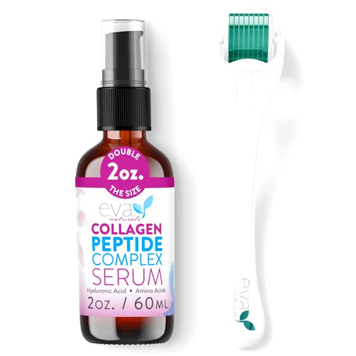 Eva Naturals Peptide Complex Serum + Microneedle Derma Roller - 0.25mm Titanium Derma Tool for Face & Scalp with Peptide Facial Serum & Derma Roller Bundle